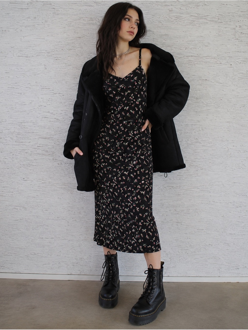 Vintage 90s Y2K G.A.S. Black Floral Spaghetti Strap Midi Dress